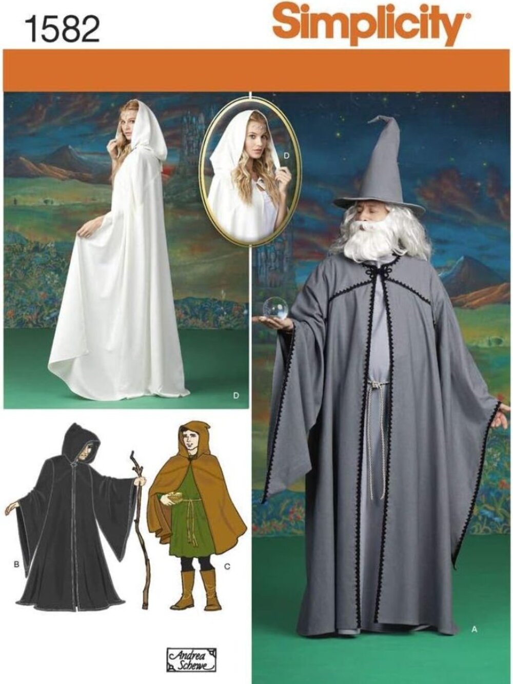 Wizard Medieval Hooded Cape Cloak Tunic Hat, Simplicity 1582 Sewing XS-XL Unisex